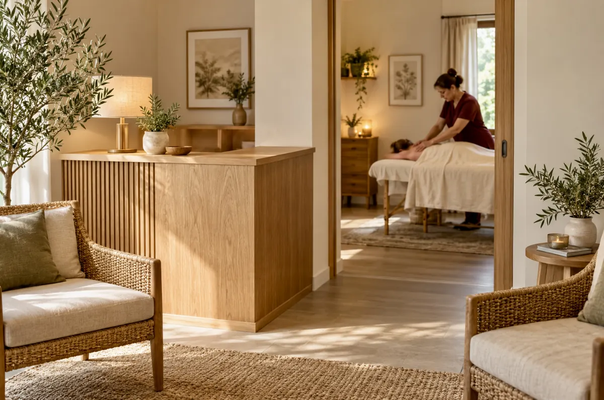 Réception en bois et fauteuils en rotin, avec une salle de massage en arrière-plan. Image d'ambiance.