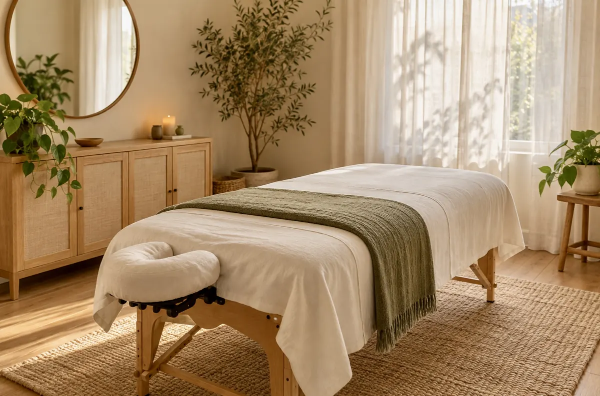 Table de massage recouverte d'une couverture verte, dans une pièce claire avec des plantes. Image d'ambiance.