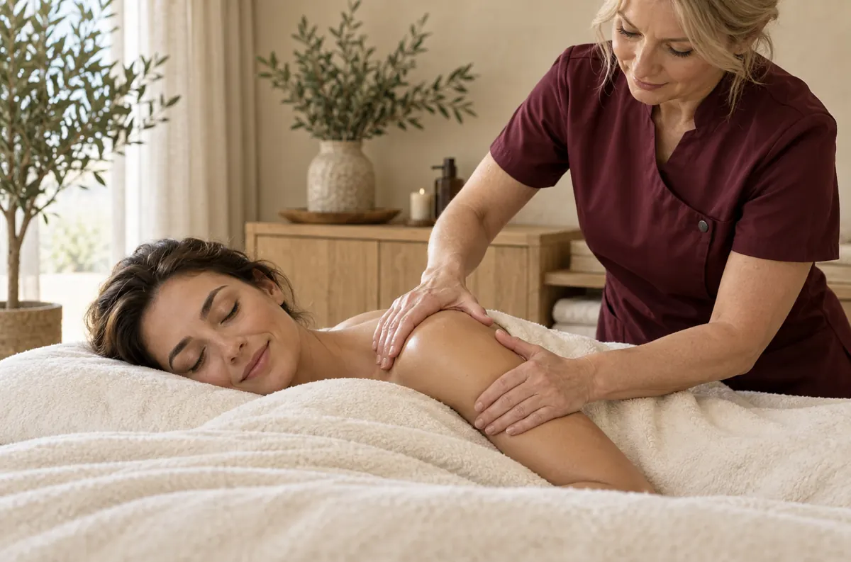 Massage suédois de détente : une cliente détendue pendant que la massothérapeute travaille son épaule. Image d'ambiance.