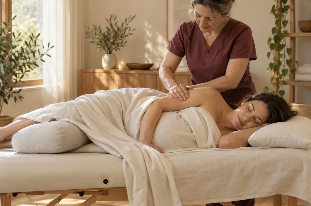 Massage pour femme enceinte : cliente installée sur le côté avec des coussins. Image d'ambiance.