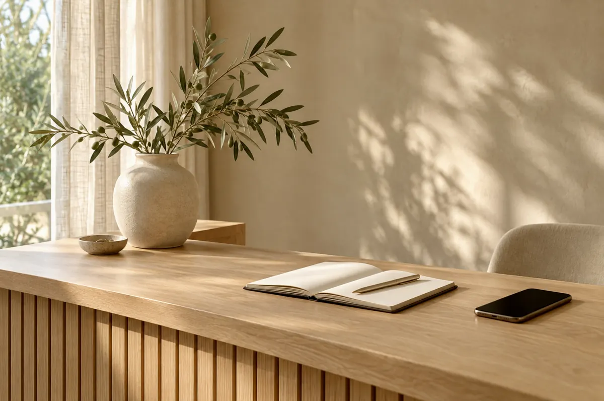 Comptoir en bois avec un carnet, un téléphone et un vase avec une branche d'olivier. Image d'ambiance.