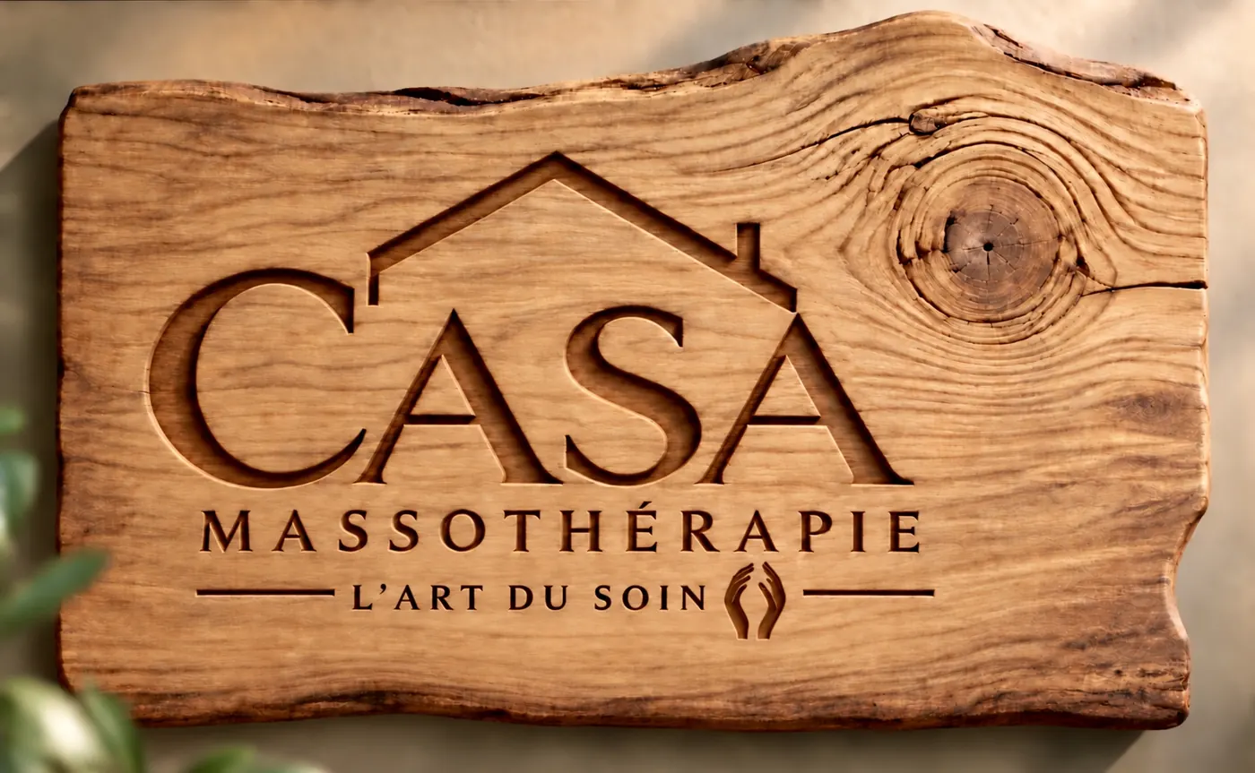 Plaque de bois sculptée : Casa Massothérapie, L'art du soin.