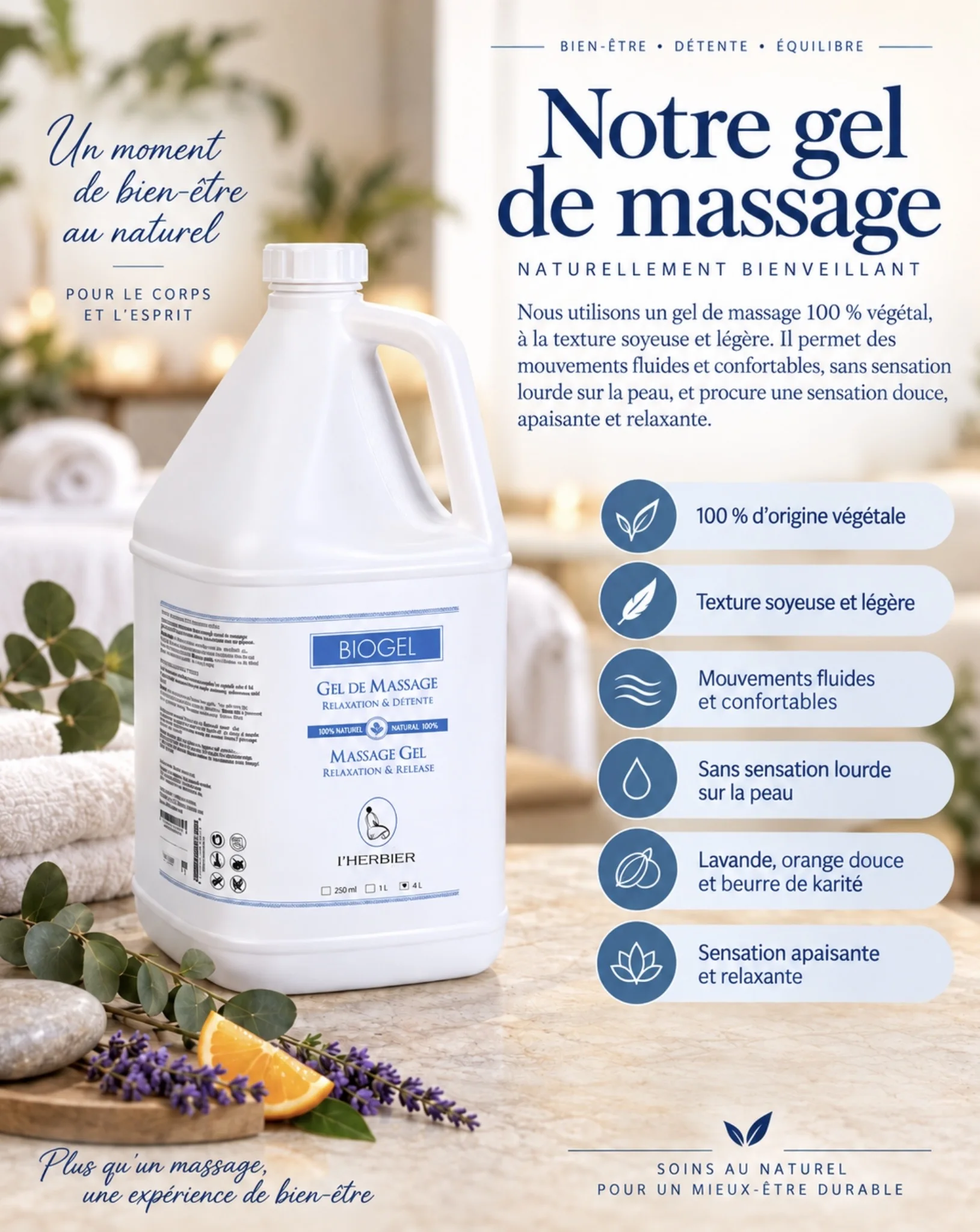 Affiche du gel de massage Biogel : 100 % d'origine végétale, texture soyeuse et légère.