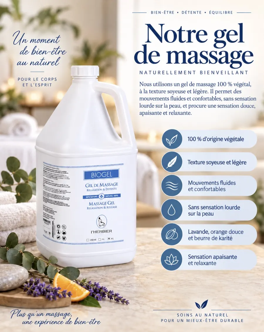 Affiche du gel de massage Biogel : 100 % d'origine végétale, texture soyeuse et légère.