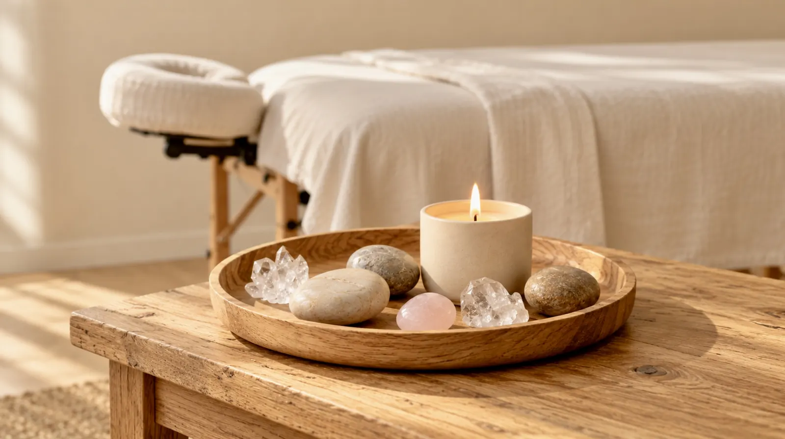 Table en bois avec une bougie allumée et des pierres. Image d'ambiance.